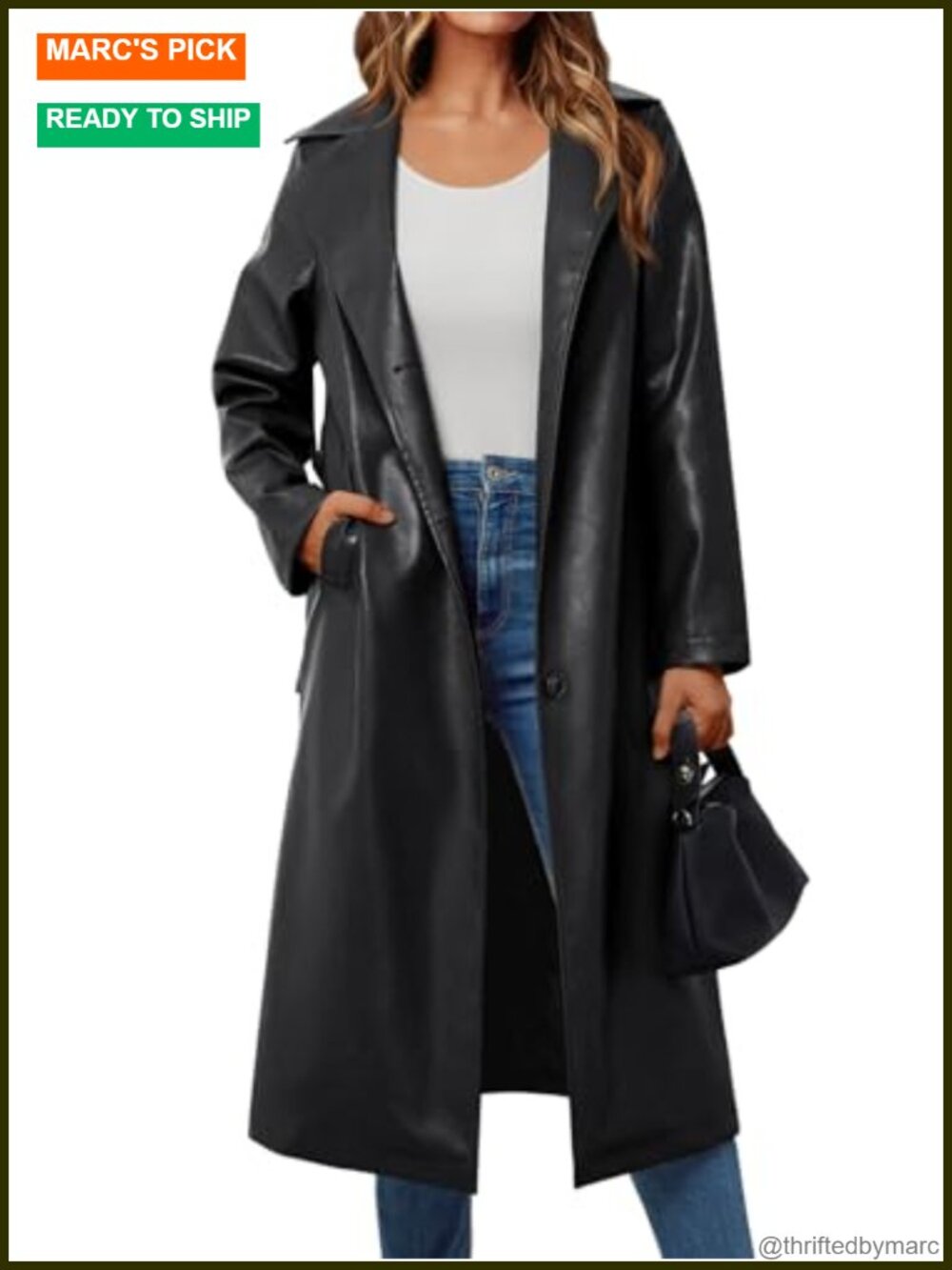 Faux Leather Trench Coat Belted Knee Length Lapel Jacket